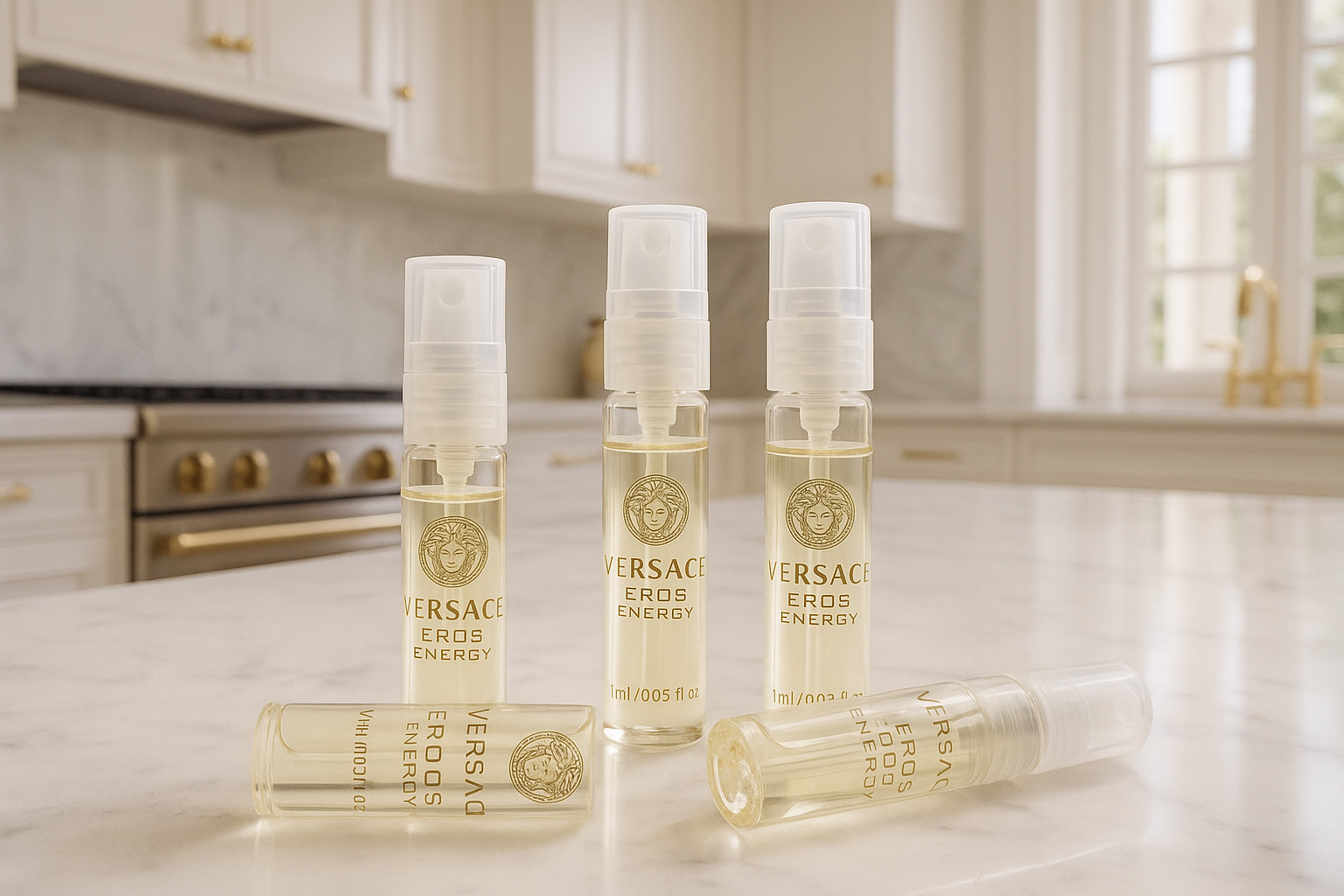 Versace Eros Energy parfumstaaltjes in super luxury white italian style kitchen