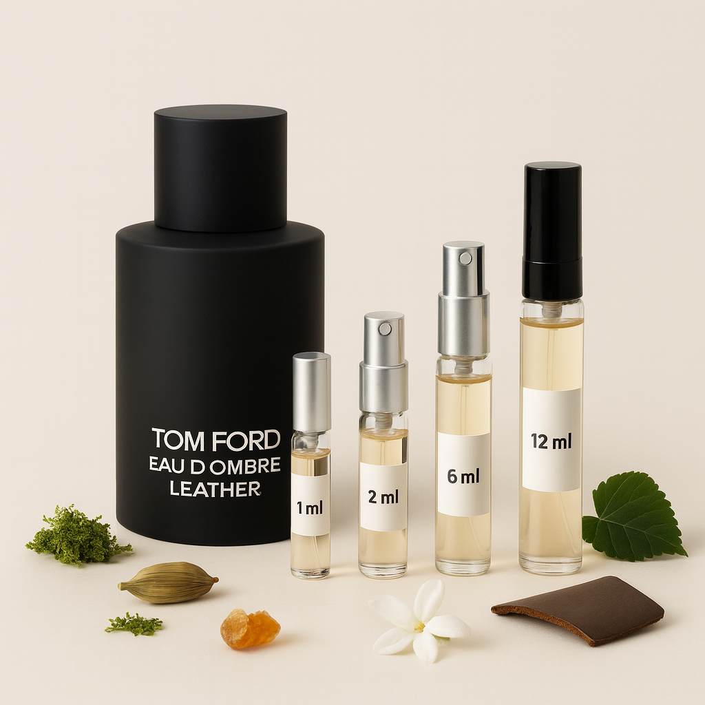 Fles Tom Ford Eau d’Ombre Leather met proefvials van 1 ml, 2 ml, 6 ml en 12 ml op een lichte achtergrond, met accenten van kardemom, jasmijn, amber, mos en leer