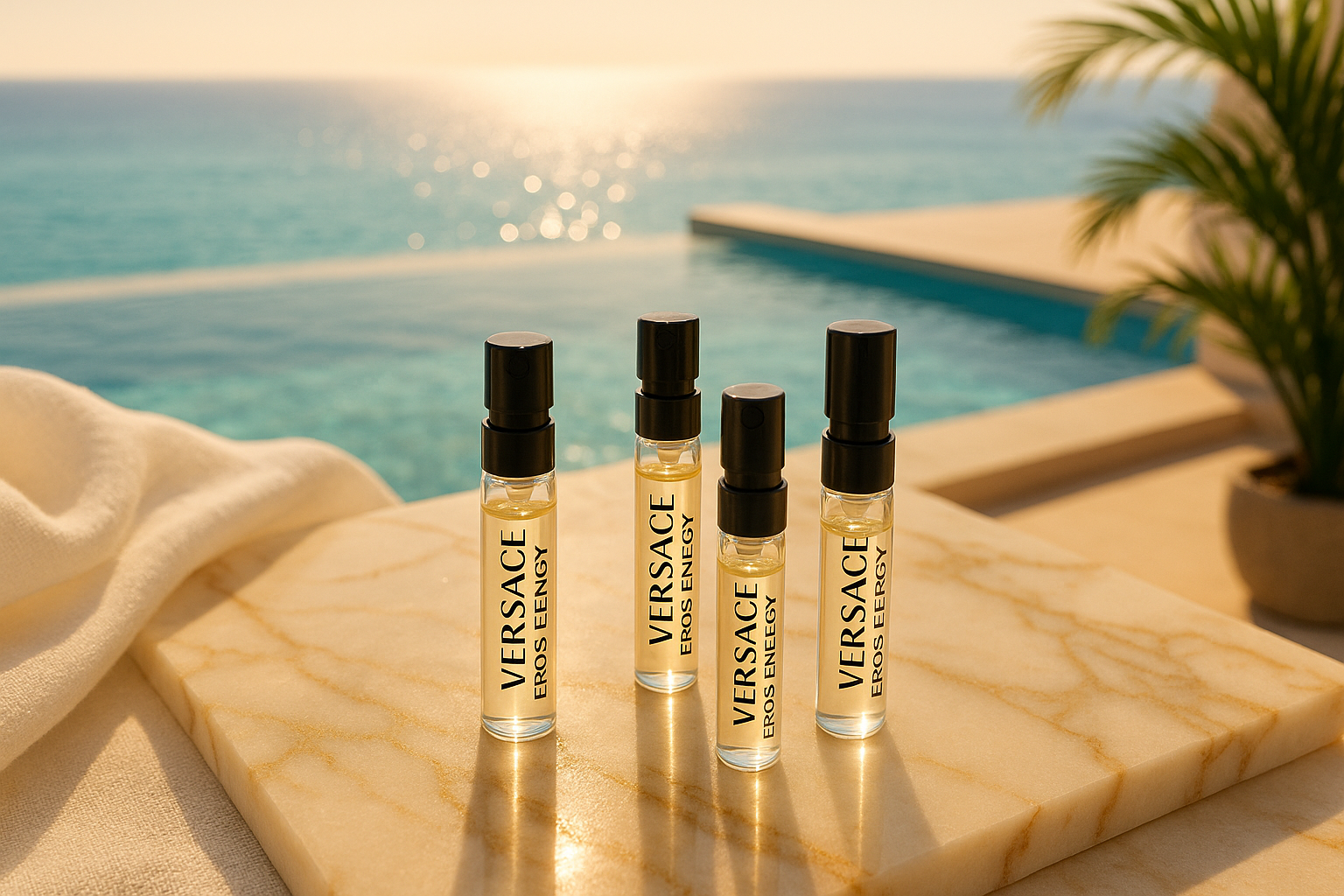 Versace Eros Energy parfummonsters, achtergrond stijlvol zeezicht met zwembad